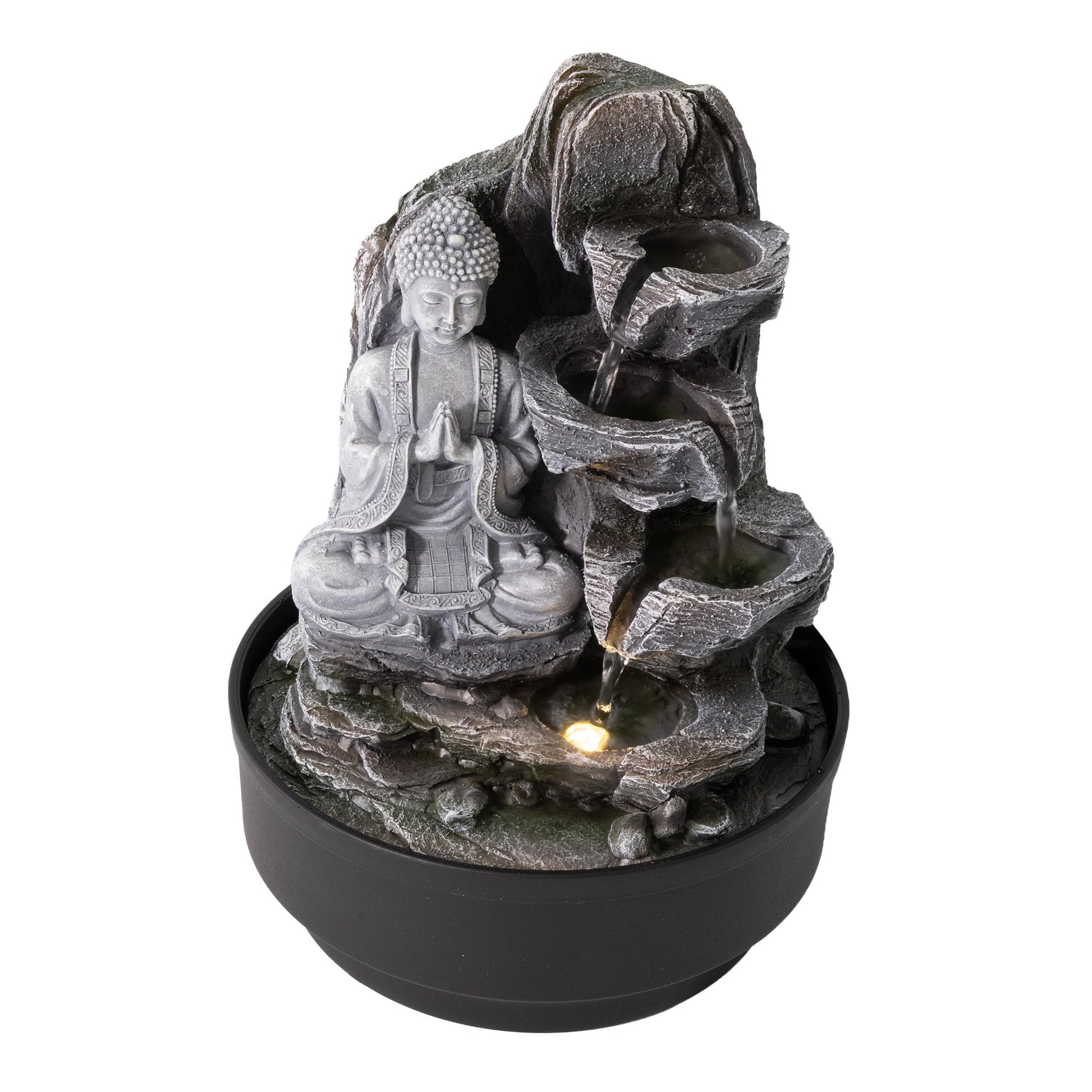 Indoor Fountain Golden Buddha with LED Lighting Table Fountain with Waterfall Decorative Fountain in Rock Look Zen Feel-Good Fountain for Home