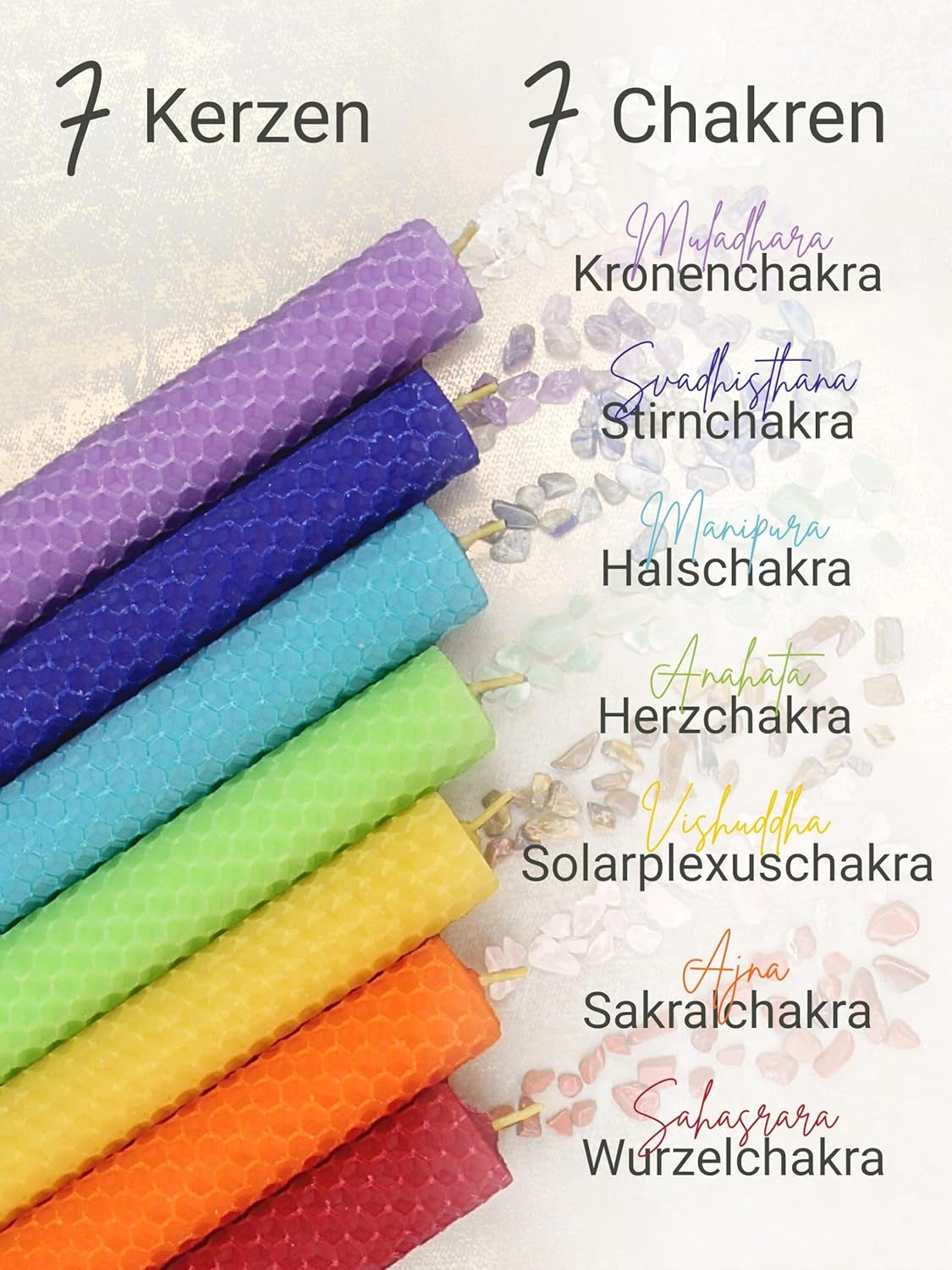 Chakra Candle Set, 7 Ritual Candles Made of Pure Beeswax, Hand Rolled from Germany, Hemp Wicks, Approx. 4 Hours Burning Time, Taper Candles in Chakra Colours for Meditation and Yoga