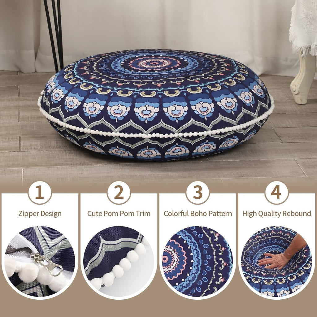 32 inches Meditation Floor Cushion for Adults, Round Large Thick Floor Pillow, Memory Foam Filling, Navy Blue