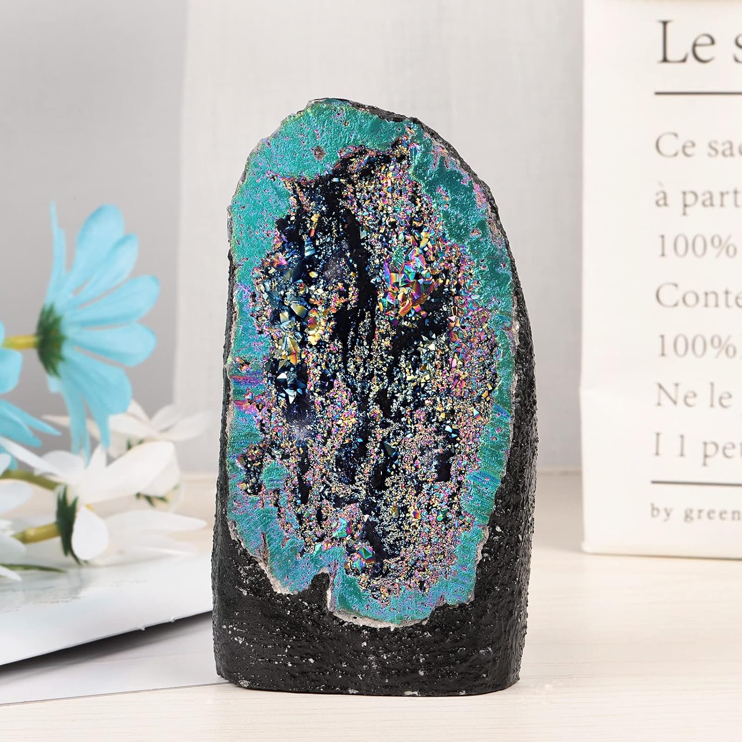 mookaitedecor Angel Aura Quartz Geode Stone Titanium Coated Natural Rock Crystal Druzy for Reiki Healing Home Decoration 200-370 g, Multicoloured