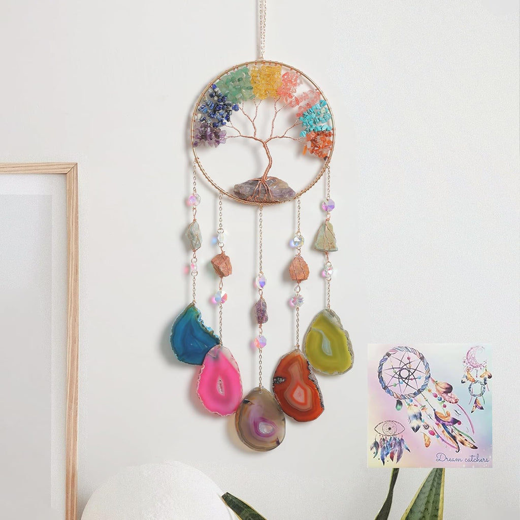 Moon Agate Dream Catcher Handmade Tree of Life Wall Decor with Stones