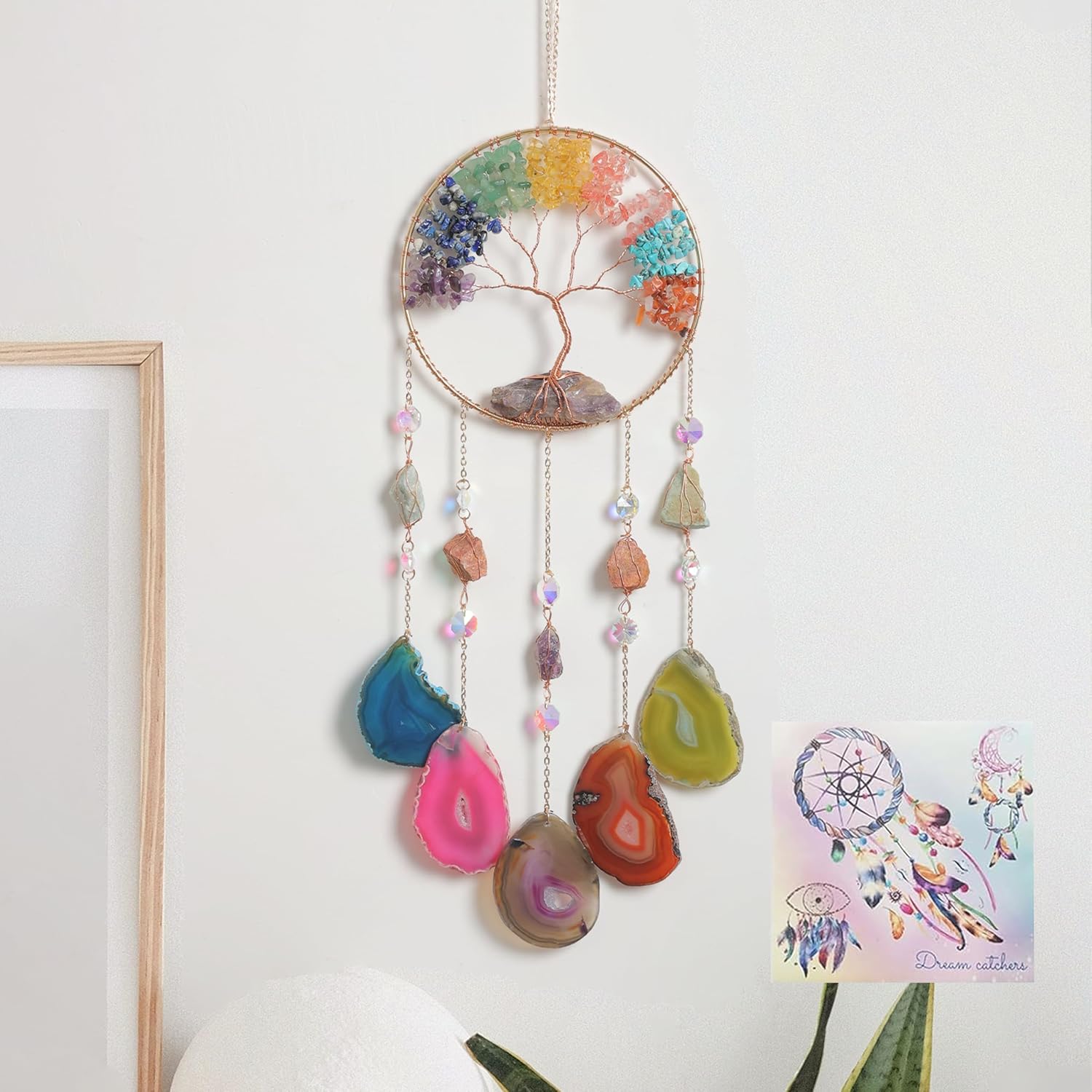 Moon Agate Dream Catcher Handmade Tree of Life Wall Decor with Stones