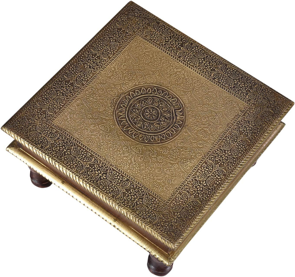 Casa Moro Oriental Stool Side Table Aroon L Made of Wood with Fine Brass Inlaid 30 x 30 x 15 cm (W x D x H) Crafts from the Orient Bajot Table Gold Brown MA25-70