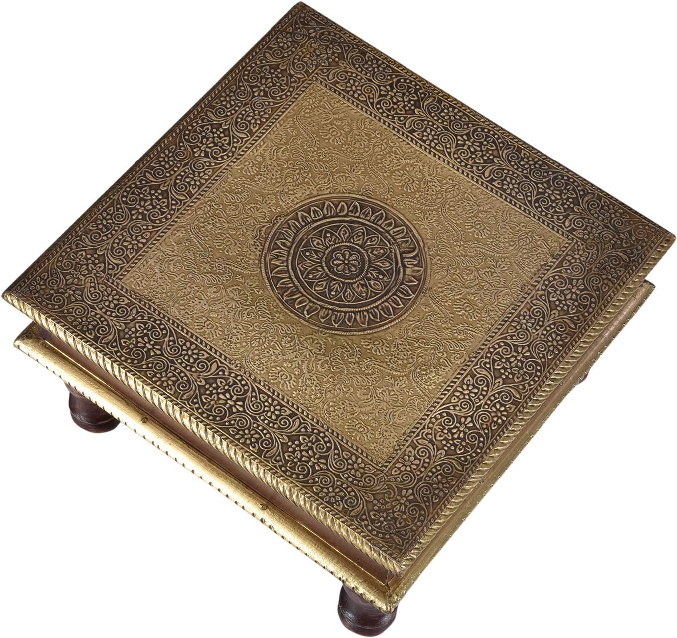 Casa Moro Oriental Stool Side Table Aroon L Made of Wood with Fine Brass Inlaid 30 x 30 x 15 cm (W x D x H) Crafts from the Orient Bajot Table Gold Brown MA25-70