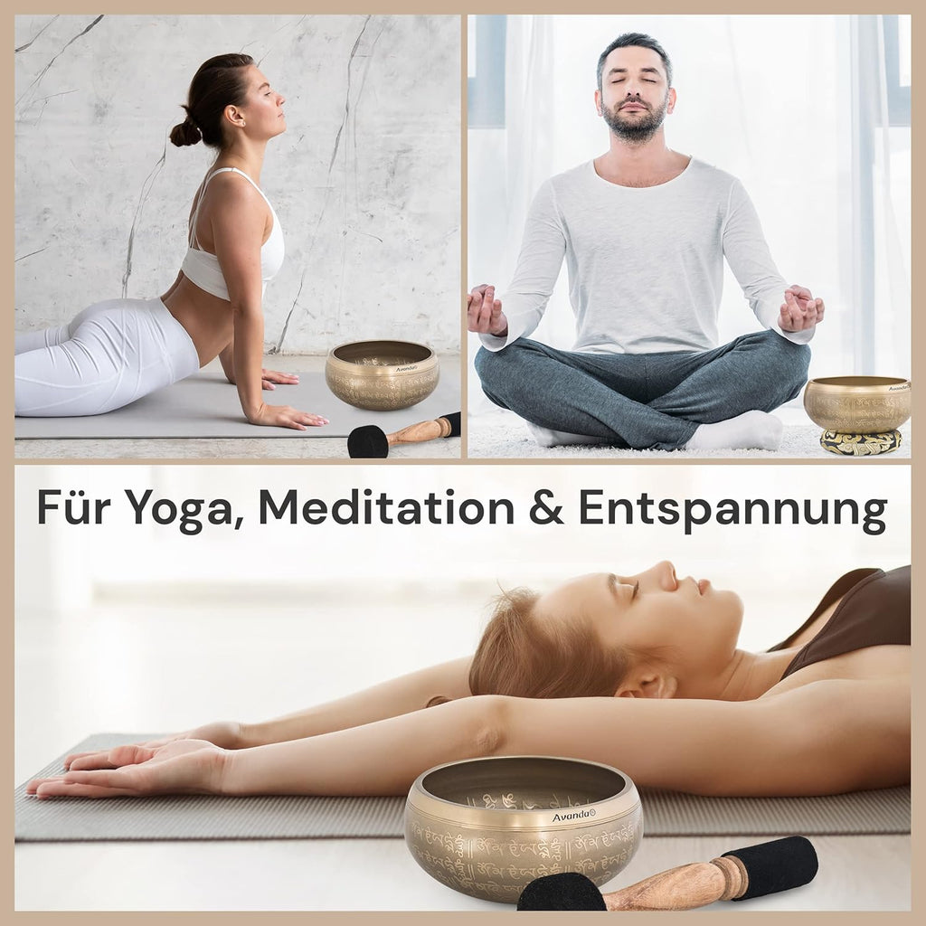 Tibetisches Klangschale-Set Om für Yoga, Meditation und Entspannung - handbemalte Tibetische Klangschale Ø 16 cm, Doppel-Schlägel mit Filz und Leder, Ring-Kissen, Beutel und Anleitung
