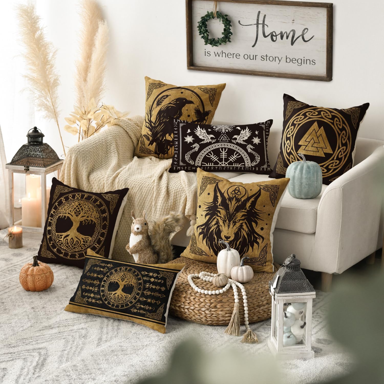 Artoid Mode Gold Wikinger Futhark Runen Odin Baum des Lebens Kissenbezüge 4er Set, 40x40cm Wolf Rabe Cushion Cover Couch Wohnzimmer Deko