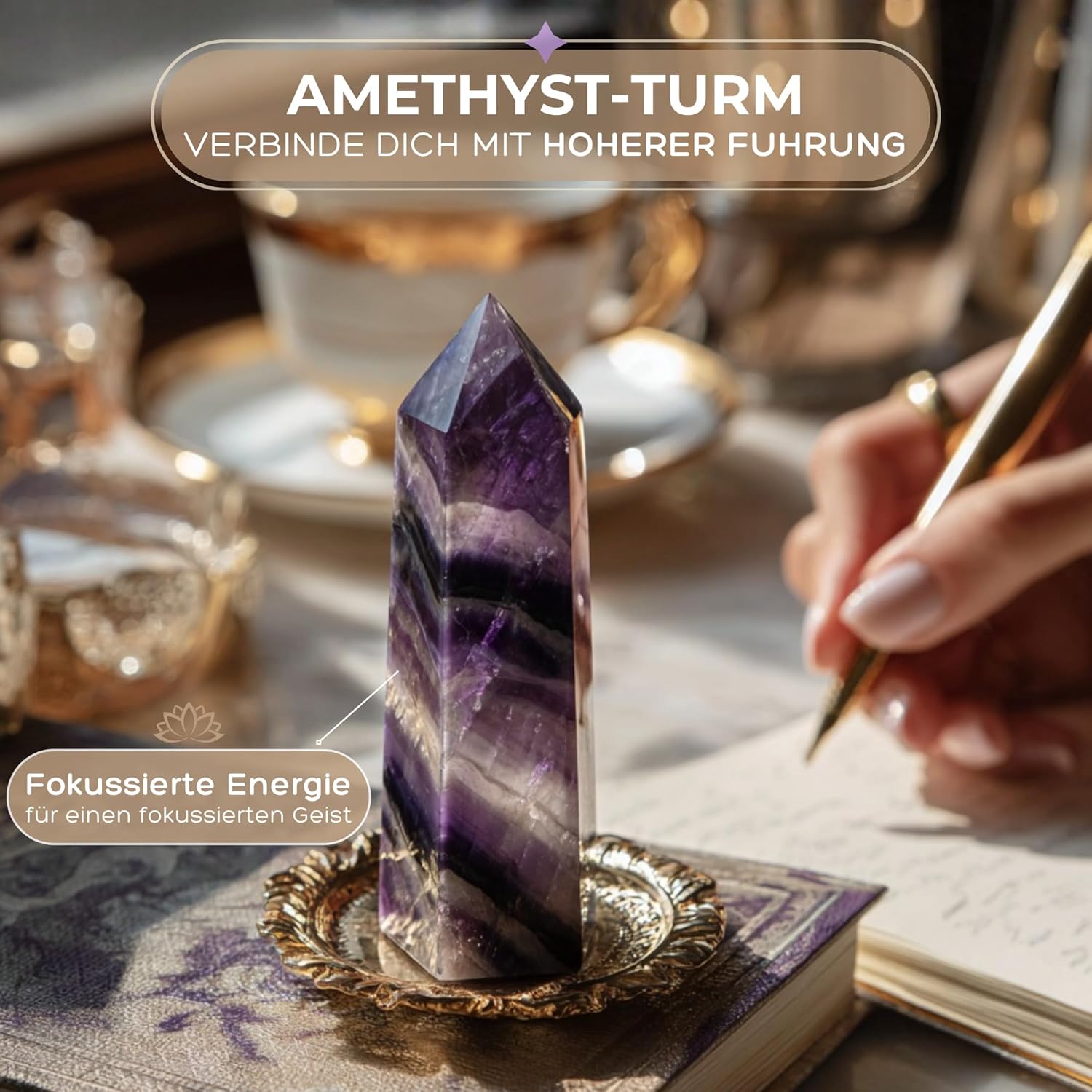 Anima Premium Amethyst Stone Set - Amethyst Tower, Cluster and Raw Crystal - Large Crystals and Healing Stones in Wooden Box - Ideal Spiritual Gift for Women for Meditation and Restful Sleep