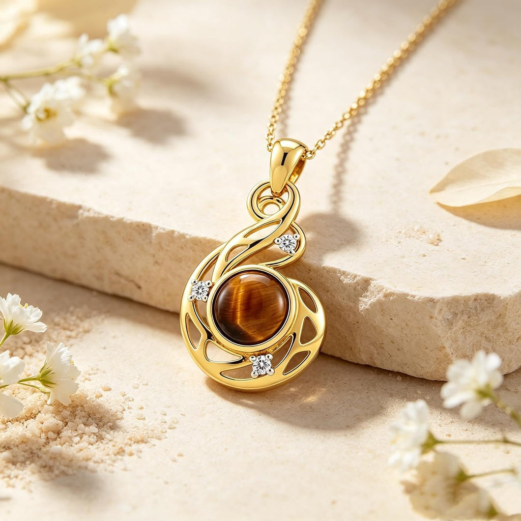14k Gold Plated Tiger Eye Necklace for Women Genuine Diamond Pendant 925 Sterling Silver Tiger Eye Jewelry Gift for Mother Wife