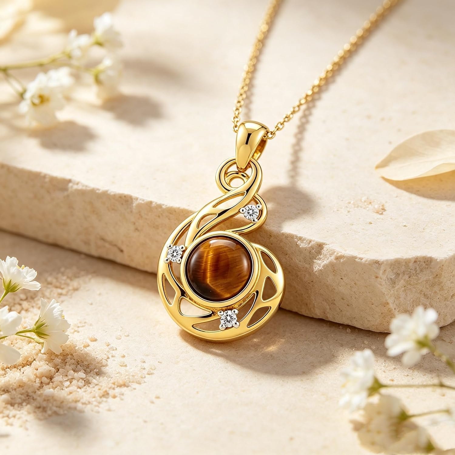 14k Gold Plated Tiger Eye Necklace for Women Genuine Diamond Pendant 925 Sterling Silver Tiger Eye Jewelry Gift for Mother Wife