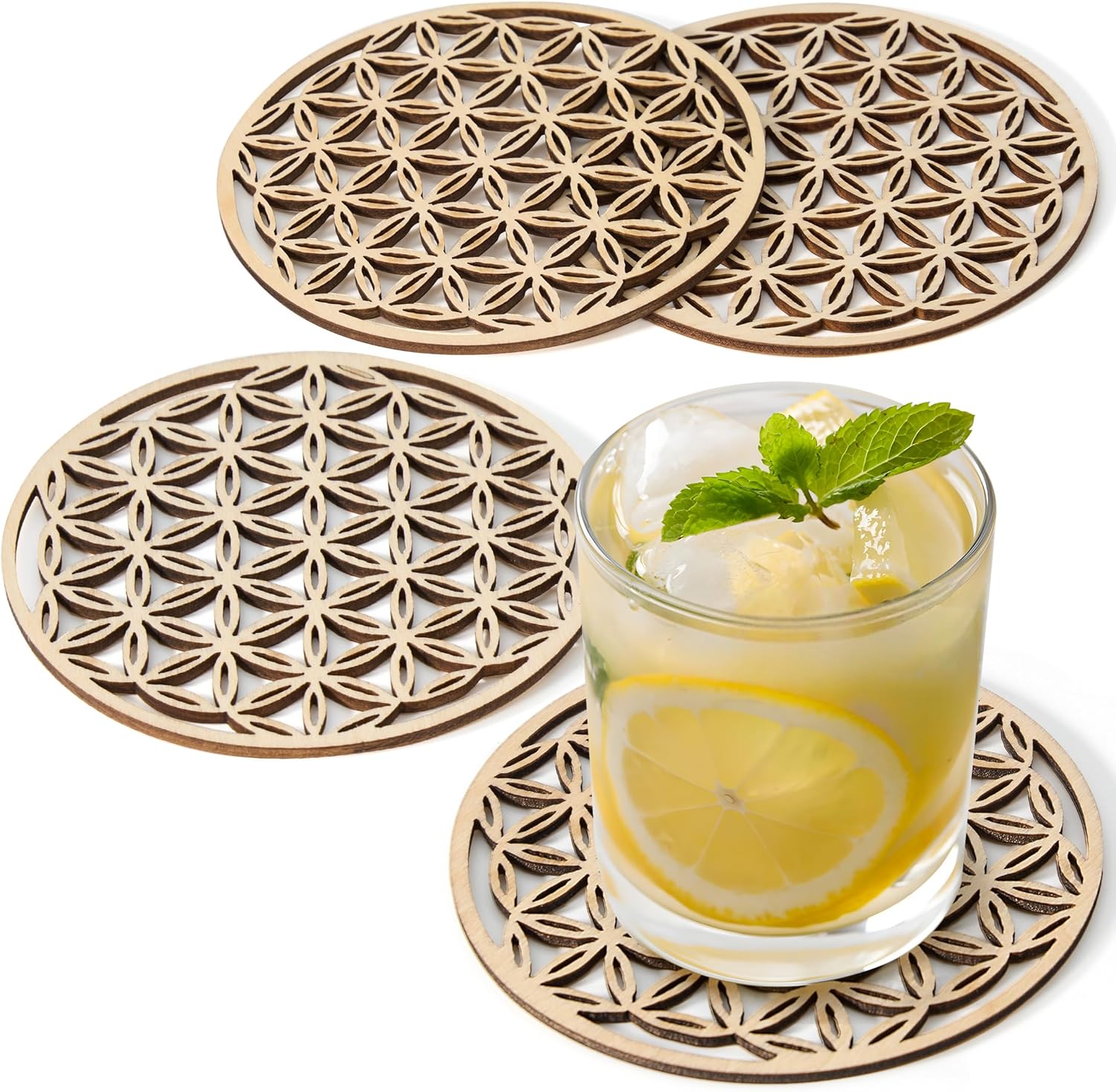 Cheerhom Set of 4 Flower of Life Wooden Coasters Round Coasters Glasses for Drinks Bar Cups Glass 10cm