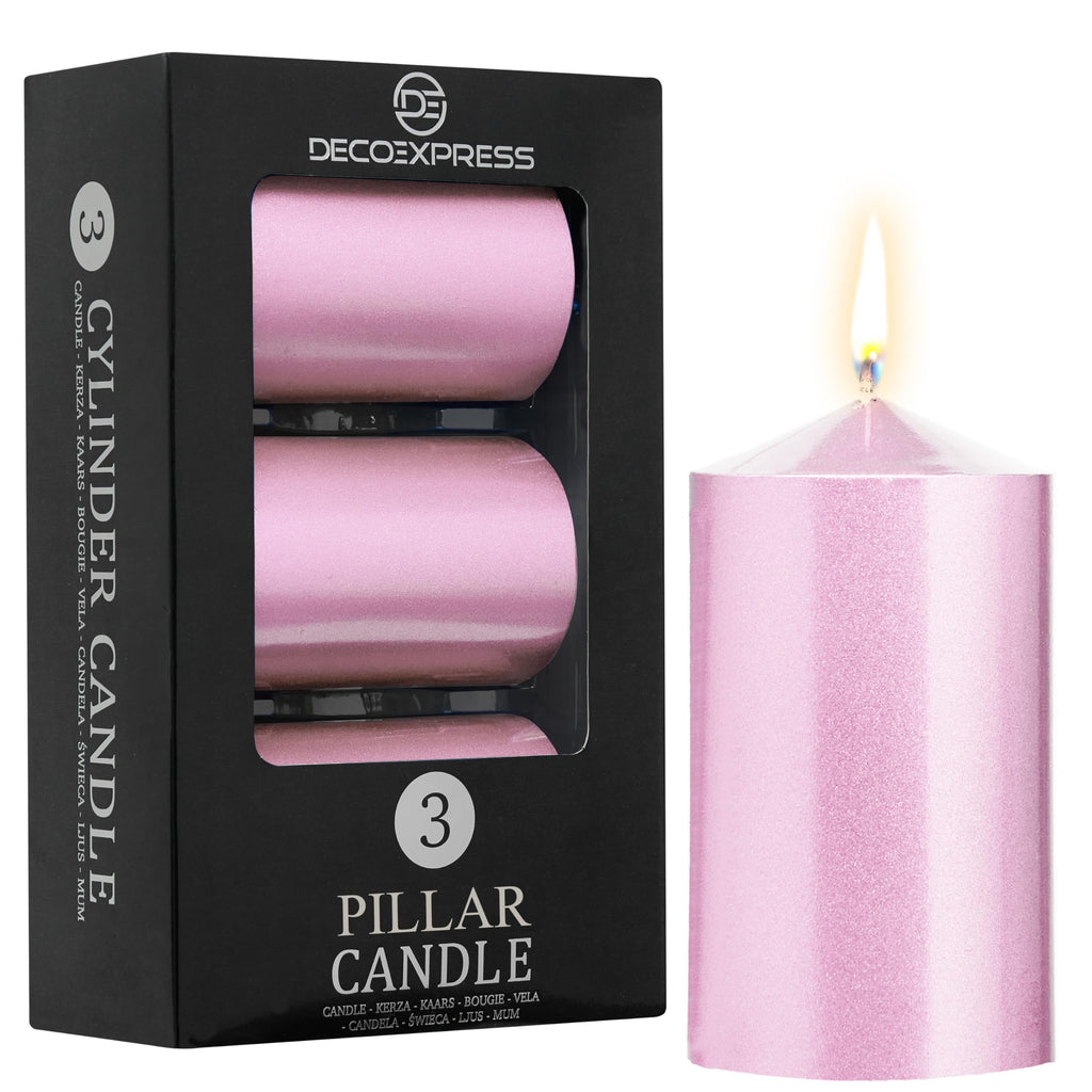 DECO EXPRESS Metallic Pillar Candle Set, 3 Pack, Candles Long Burn Time, 30 Hours, Odourless (Silver - Pack of 3)