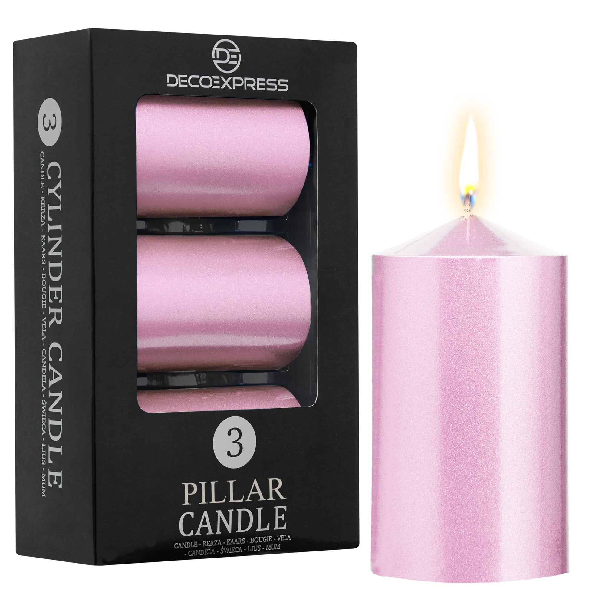 DECO EXPRESS Metallic Pillar Candle Set, 3 Pack, Candles Long Burn Time, 30 Hours, Odourless (Silver - Pack of 3)