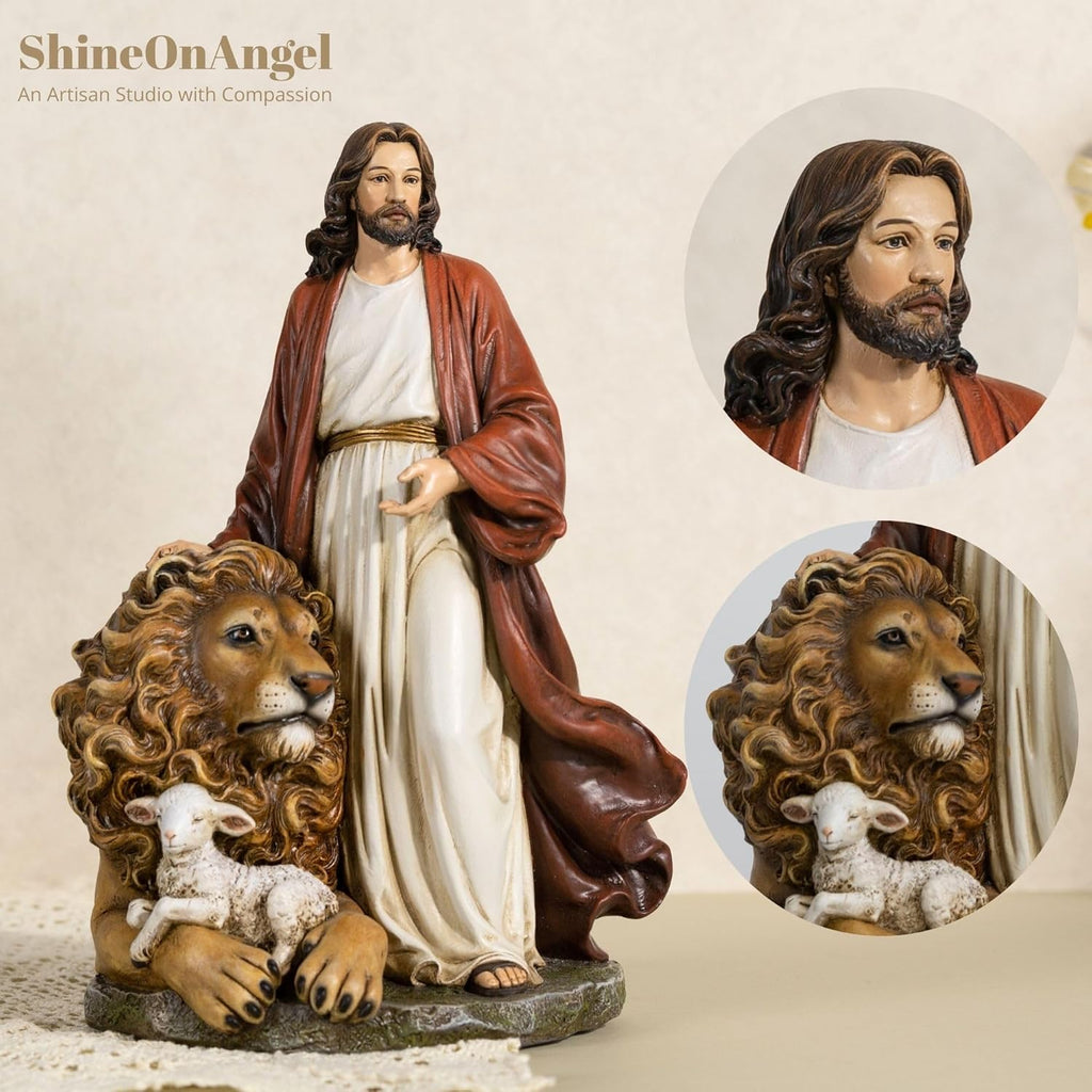 Jesus with Lion and Lamb Statue 10.8 Inch Jesus Figurine the Lion of Judah & The Lamb of God Christian Figurine, Realistic Religious Sculpture for Home Décor, Faith Gift, Church Display