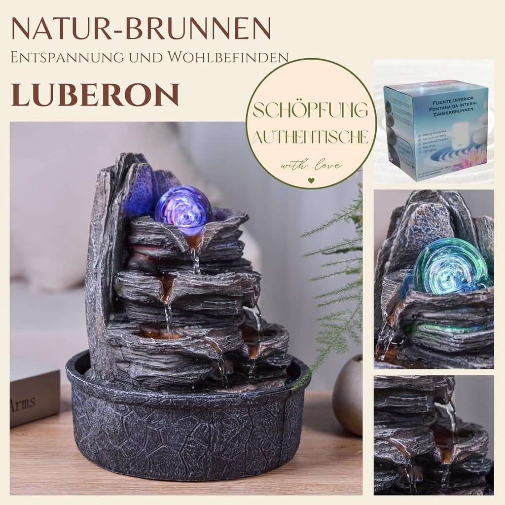 Luberon Zen'Light Indoor Fountain Waterfall Natural Stairs Stone Effect Colourful Light Gift Idea Interior Decoration in Motion Zen Table Fountain Relaxing Lucky Charm Object H 25 cm