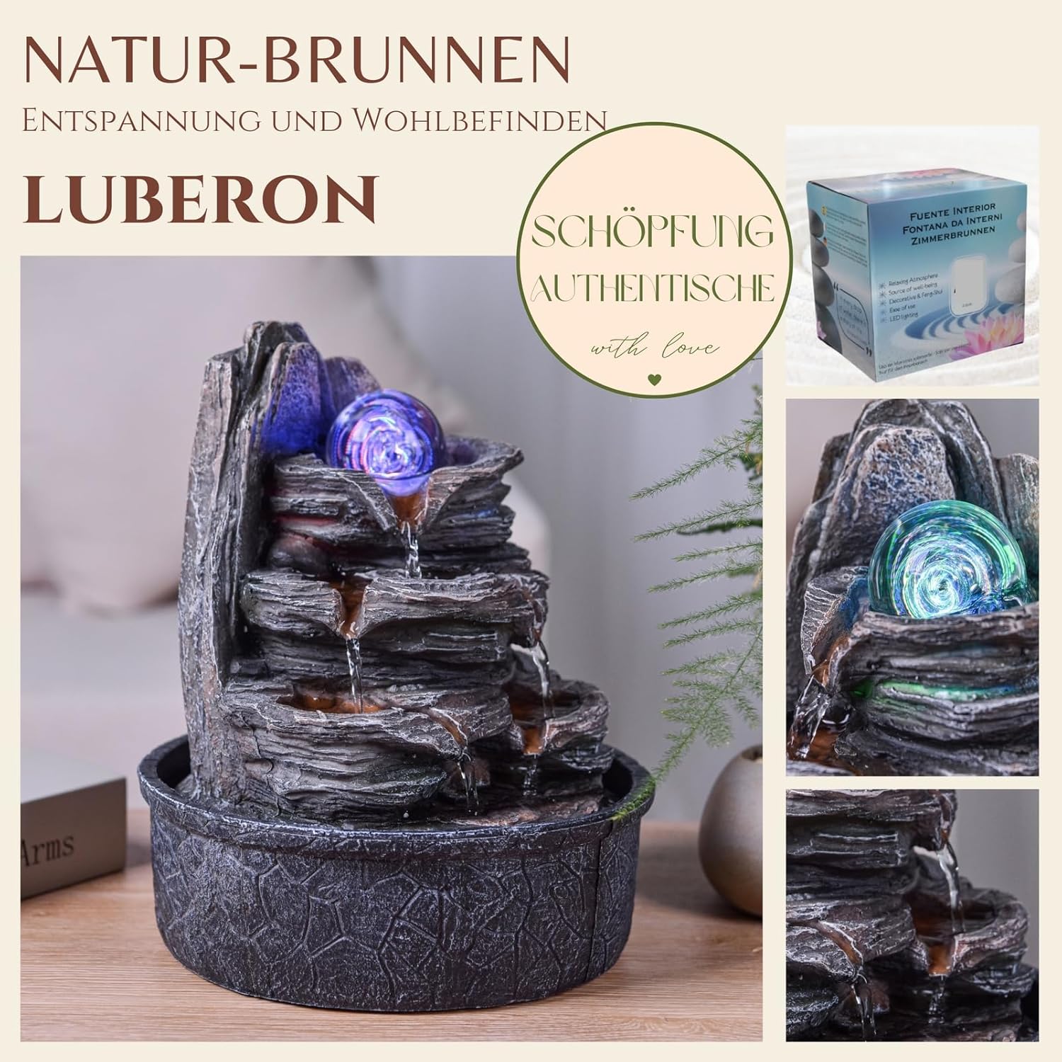 Luberon Zen'Light Indoor Fountain Waterfall Natural Stairs Stone Effect Colourful Light Gift Idea Interior Decoration in Motion Zen Table Fountain Relaxing Lucky Charm Object H 25 cm