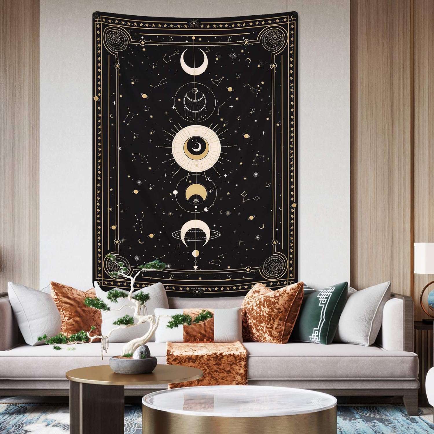 Yugarlibi Mondphasen Wandteppich Mysteriöser Konstellation Sternenhimmel Tarotkarten Wandbehang Ästhetische Retro Astrologie Wandkunst für Schlafzimmer Wohnzimmer Schwarz 150x130cm