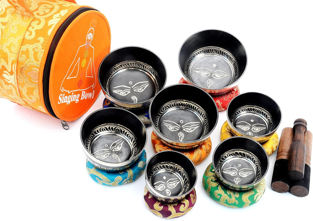 THE NEPAL Klangschalen-Sets von 7 Handgefertigte tibetische Chakra-Heilklangschale für Meditation, Klang, Frieden, Achtsamkeit, Yoga, sieben Chakra-Schalen