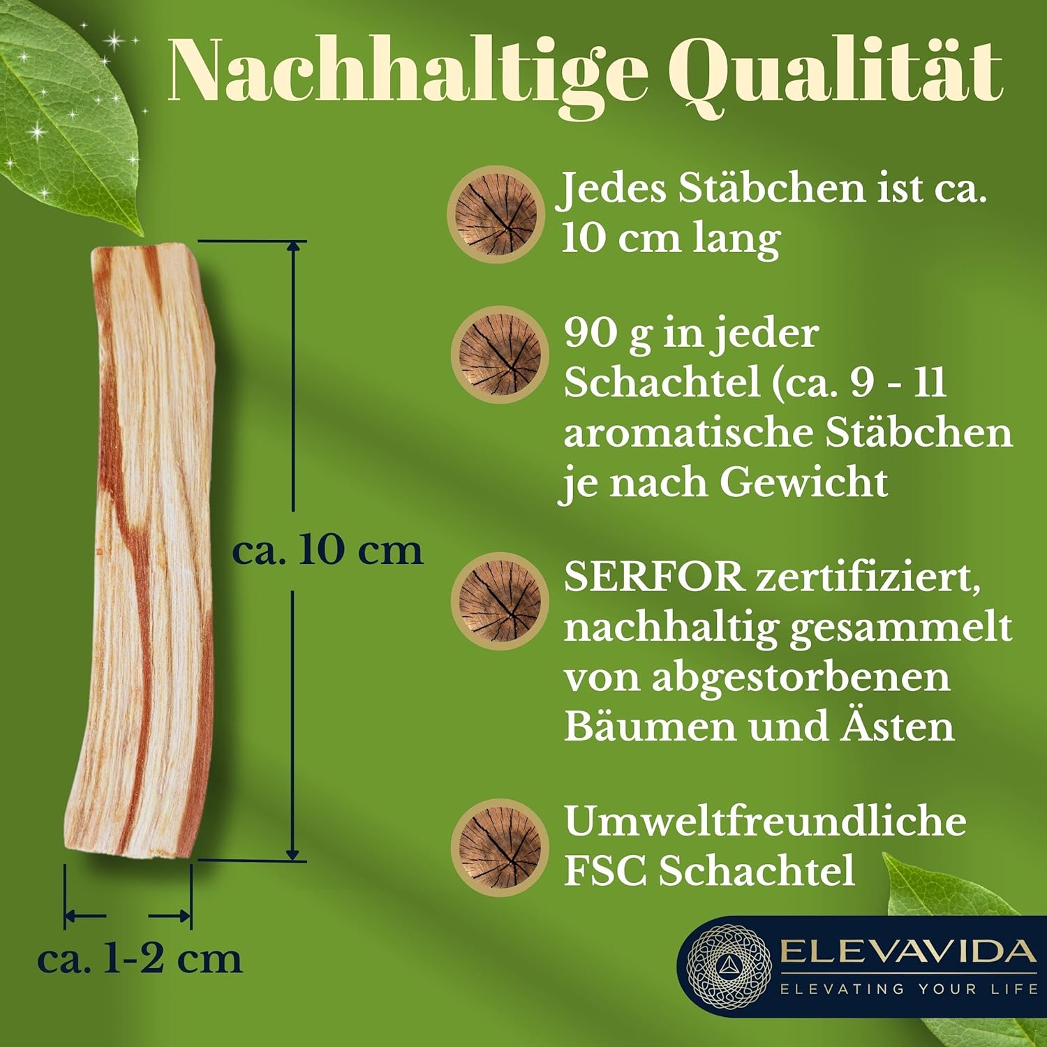 ELEVAVIDA Palo Santo 90g (9–11 Stäbe) aromatisch duftendes Räucherholz aus Peru, nachhaltig gesammelt zur Entspannung, Meditation, energetische Reinigung von Räumen - Bursera Graveolen - heiliges Holz