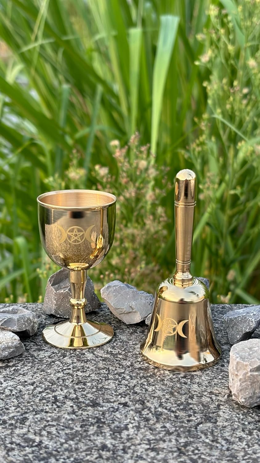 Mini Brass Altar Bell and Altarchalice, Triple Moon Goddess and Pentagram Wiccan Accessories and Tools, Altar Ritual Kit