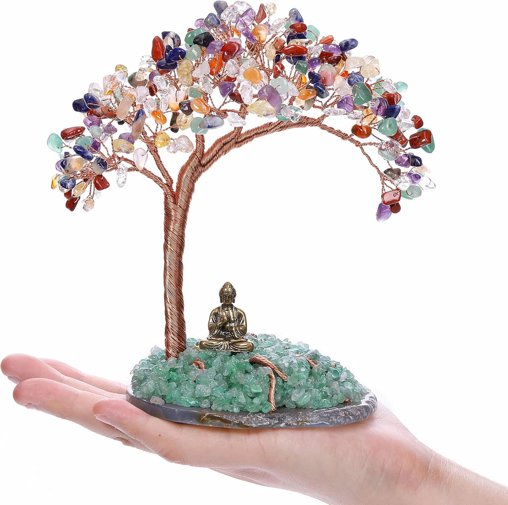 GEHECRST Feng Shui Geldbaum Buddha Figur Lebensbaum Deko mit Achat Basis Heilstein Glücksbringer Baum Trommelsteine Glückbaum Dekoration für Reichtum Glück Gesundheit (7 Chakra)