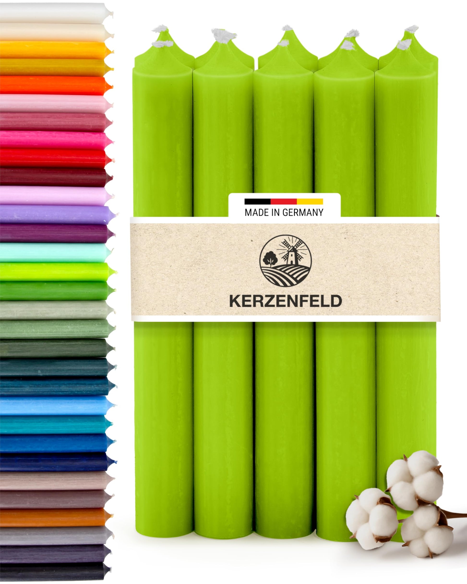 Bunte Stabkerzen Durchgefärbte, 10 Stück, 180mm x 22mm, Spitzkerzen, 8+ Stunden Brenndauer, Made in Germany - Ohne Tropfen & Rußen - Unparfümierte und RAL-Zertifizierte Tafelkerzen (Jade Grün)