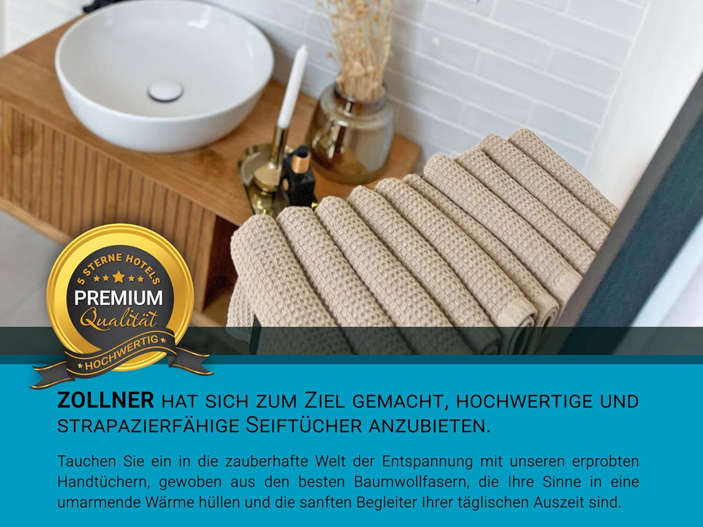 ZOLLNER Set of 10 Flannels in 30 x 30 cm – Durable Hand Towels in Beige – with Practical Hanger – Timeless Waffle Pattern – Washable up to 95 °C – Cotton – Hotel Quality
