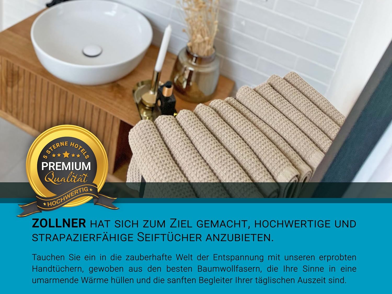 ZOLLNER Set of 10 Flannels in 30 x 30 cm – Durable Hand Towels in Beige – with Practical Hanger – Timeless Waffle Pattern – Washable up to 95 °C – Cotton – Hotel Quality