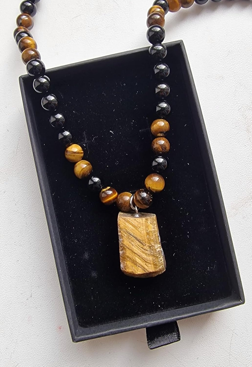 Natürlicher Kristall Schwarzer Obsidian Tigerauge Perlen Stein Halskette Armband Set Glücksamulett Anhänger Schutz Valentinstag Geschenke für Ihn