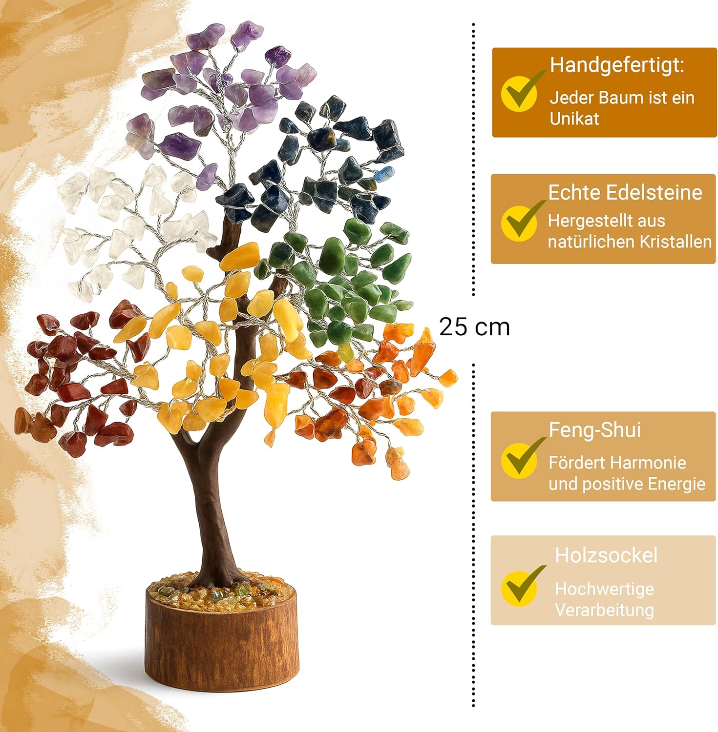 Edelsteinbaum - Kristallbaum Glücksbaum mit Echten Steinen - 7 Chakra Baum für Energieausgleich, Harmonischer Heilstein Baum, Deko Edelstein Baum für Meditation und Heilung - Steinbaum