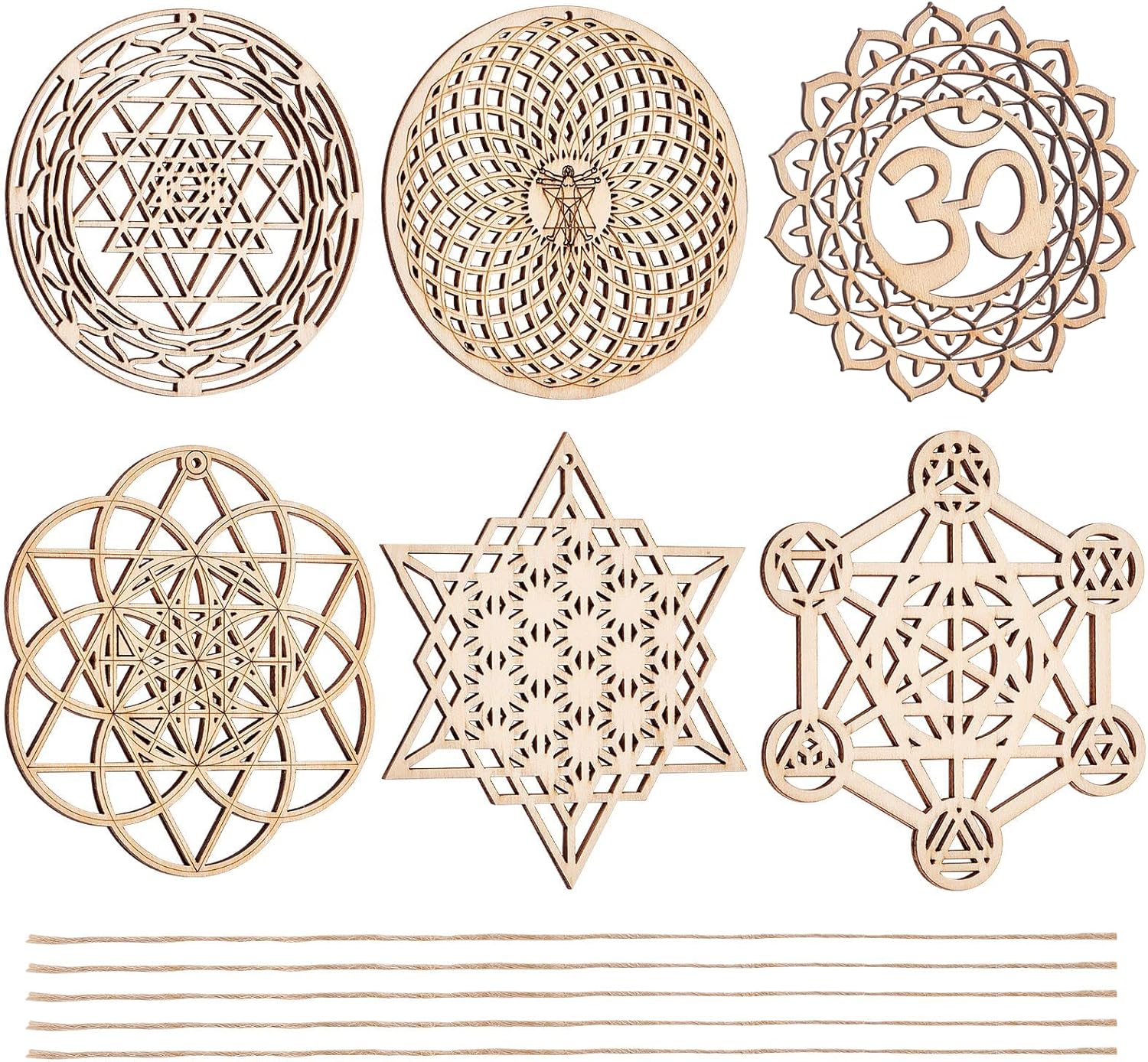 CHGCRAFT 6 Sets 6 Stil 3,96 Zoll Heilige Geometrie Wandkunst Set Meditation Chakra Holz Wandskulptur Blume des Lebens Mandala Holz Kristallgitterplatte Für Yoga Meditationsraum Heimdekoration