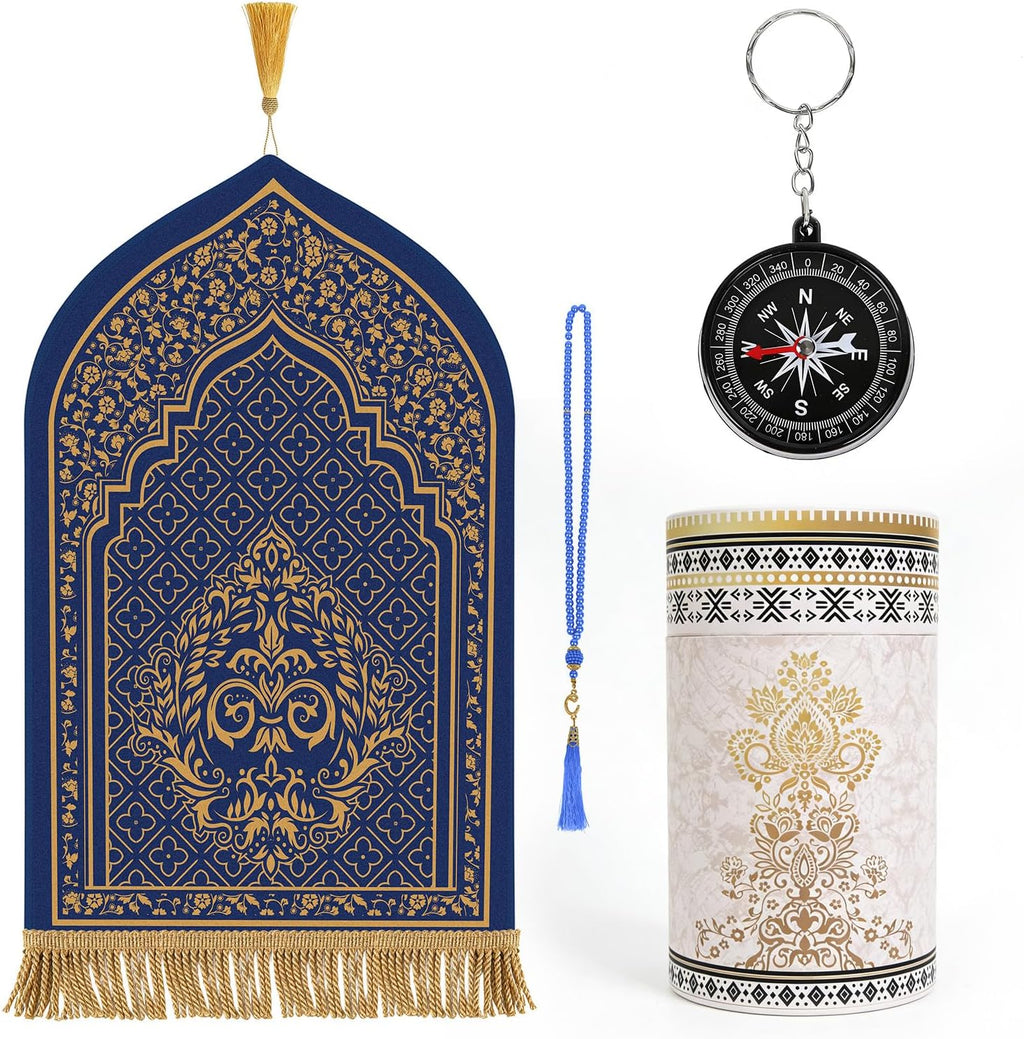 Prayer Mat Ramadan Gifts - Blue Prayer Rug Islamic Praying Tasbih Beads Compass, Muslim Praying Carpet for Men Women Eid Salah Meditation Namaz, Gifts for Eid Ramadan