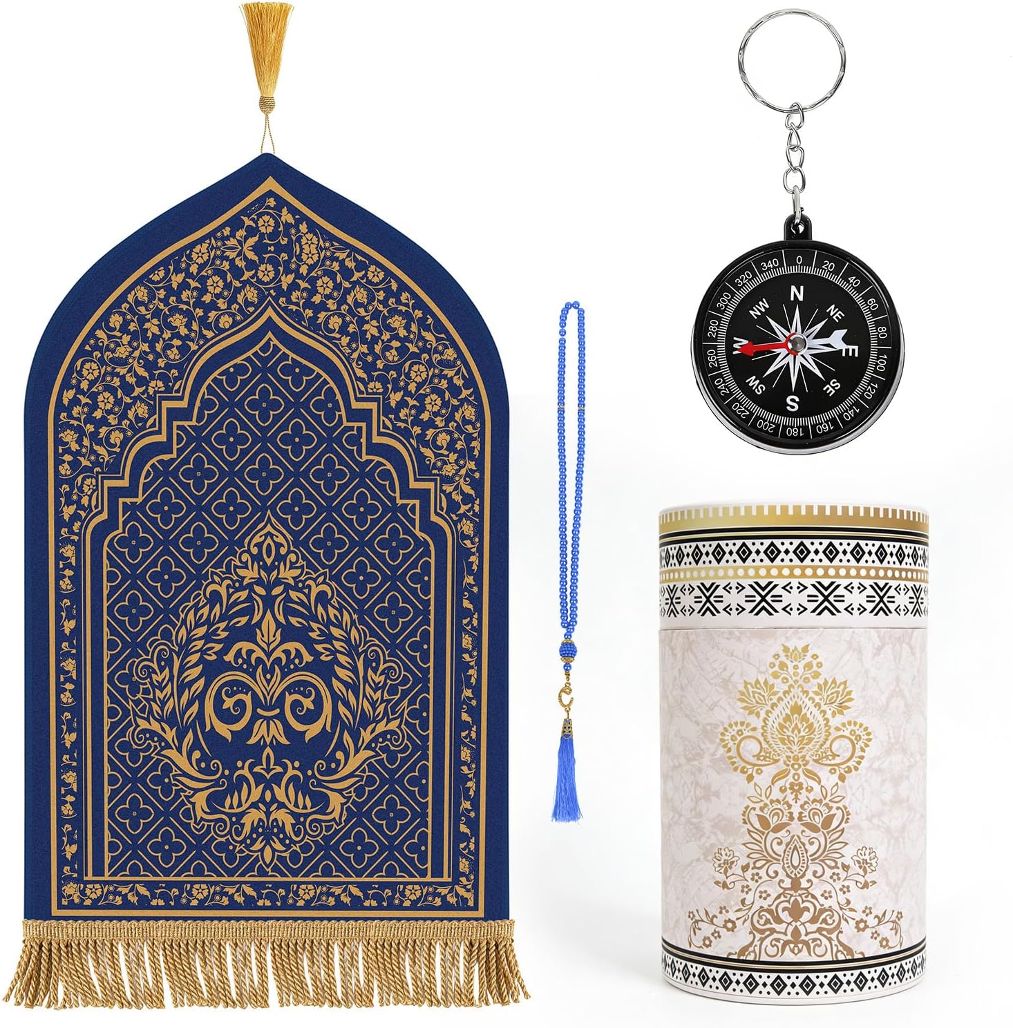 Prayer Mat Ramadan Gifts - Blue Prayer Rug Islamic Praying Tasbih Beads Compass, Muslim Praying Carpet for Men Women Eid Salah Meditation Namaz, Gifts for Eid Ramadan
