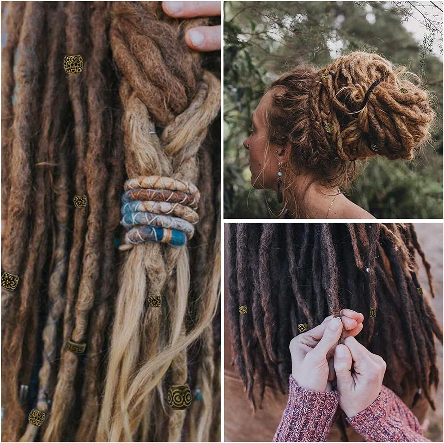 Queta Wikinger Rune Perlen, Nordic Bartperlen, Flechtperlen, Haarperlen, Haarverlängerung Nadel Einfädler Schlaufennadel Microringnadel für Haar Bart Schmuck DIY Halskette Halskette Anhänger (Golden)