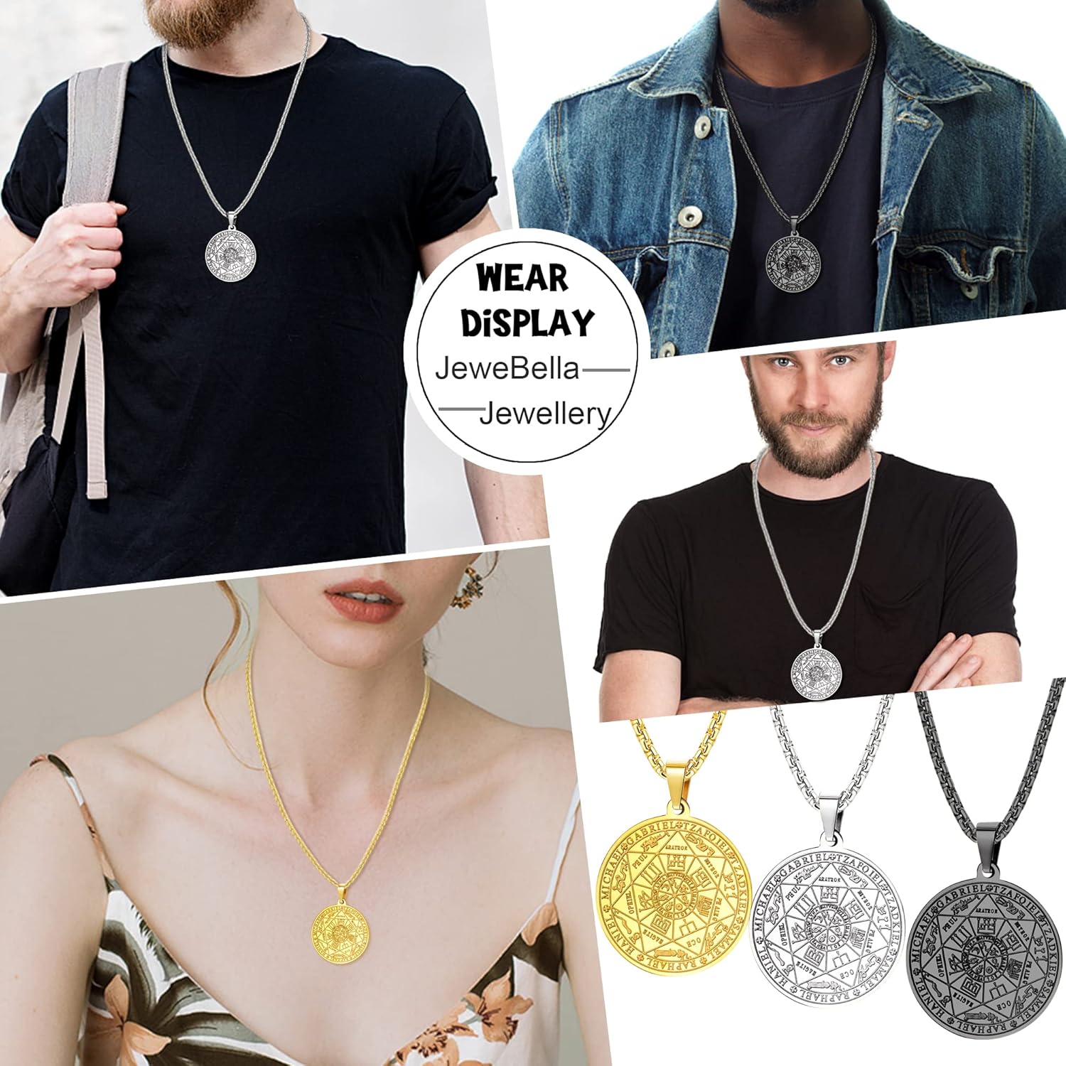 JeweBella Halskette Herren 7 Erzengel Siegel Medaille Talisman Halskette für Männer Frauen Edelstahl Pentagramm Talisman Anhänger Amulett Magische Schutzkette Männlicher Schmuck Glücksbringer