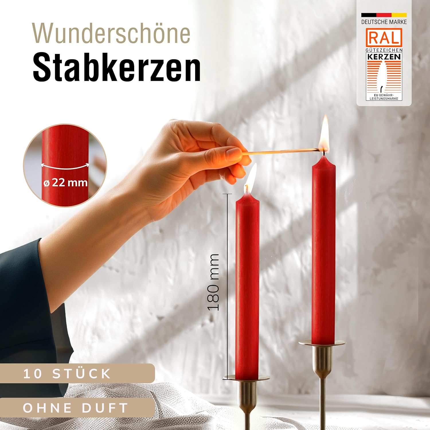 Stabkerzen Rot, 10 Stück, 180mm x 22mm, Durchgefärbte Spitzkerzen, 8+ Stunden Brenndauer, Made in Germany - Ohne Tropfen & Rußen - Unparfümierte und RAL-Zertifizierte Tafelkerzen