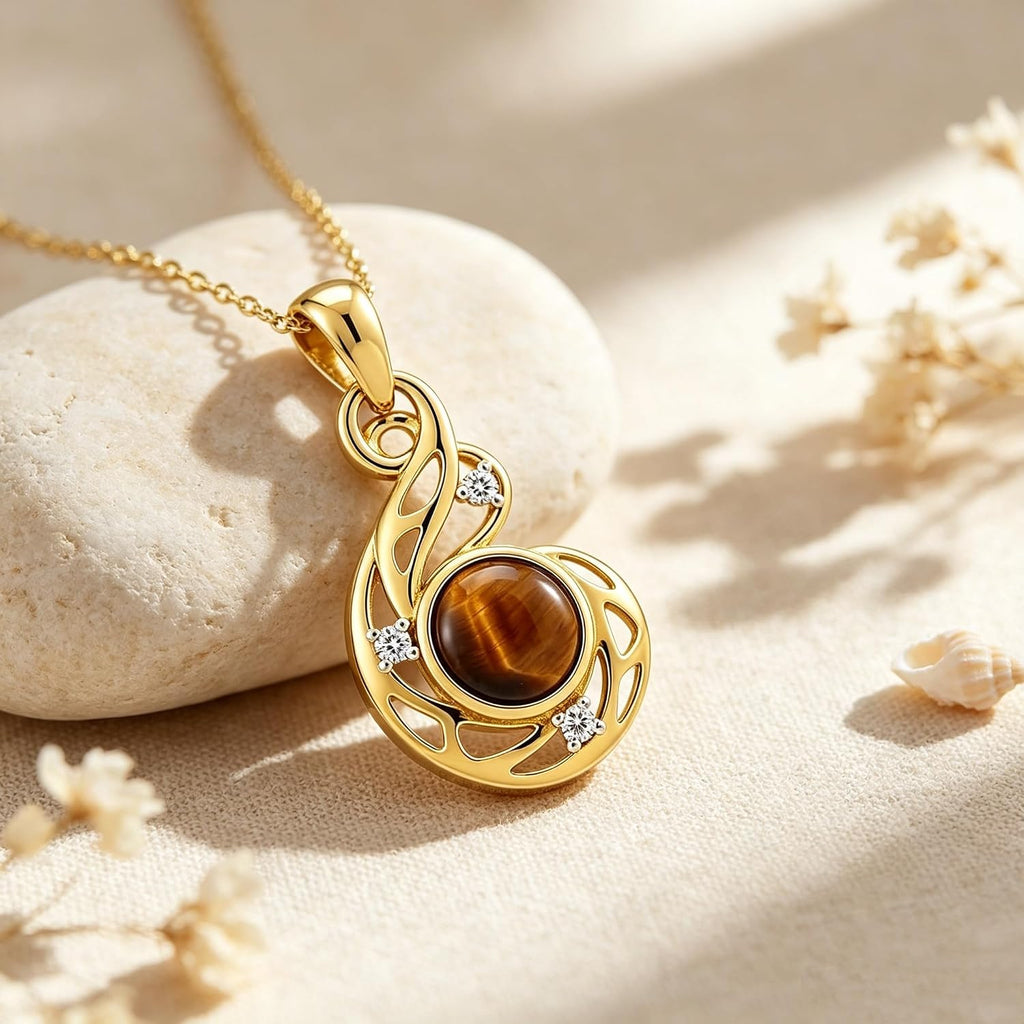 14k Gold Plated Tiger Eye Necklace for Women Genuine Diamond Pendant 925 Sterling Silver Tiger Eye Jewelry Gift for Mother Wife