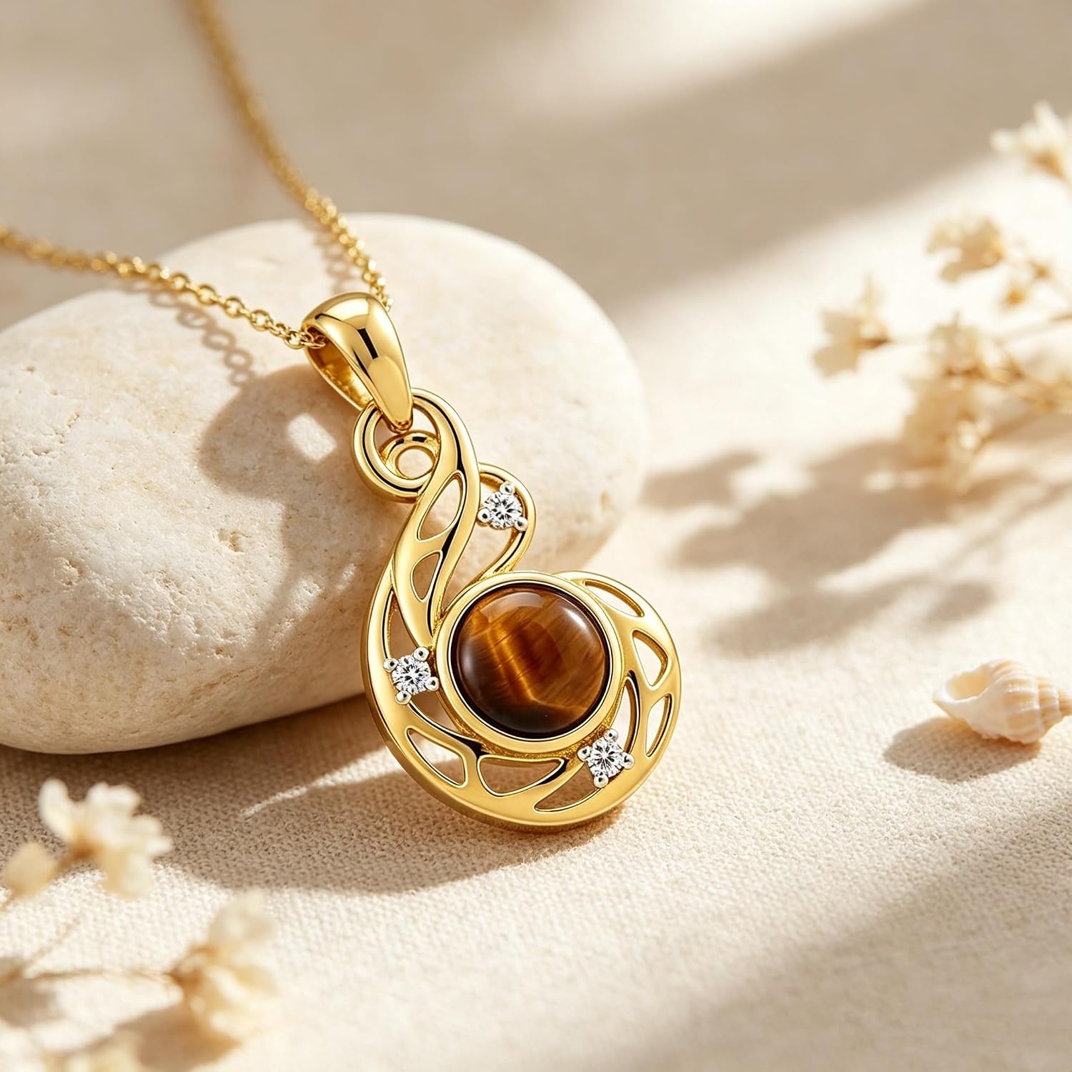 14k Gold Plated Tiger Eye Necklace for Women Genuine Diamond Pendant 925 Sterling Silver Tiger Eye Jewelry Gift for Mother Wife