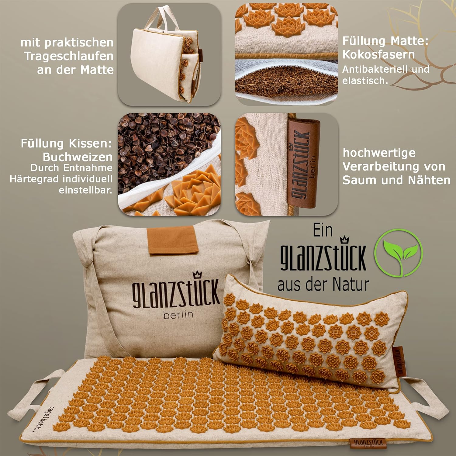 Glanzstück Berlin® Health Collection: XL Akupressurmatte Set ORIGINAL aus Leinen, Hilfe bei Verspannungen, Rückenschmerzen, Massagematte mit Kissen (Wärmefunktion) & Tasche, nachhaltig