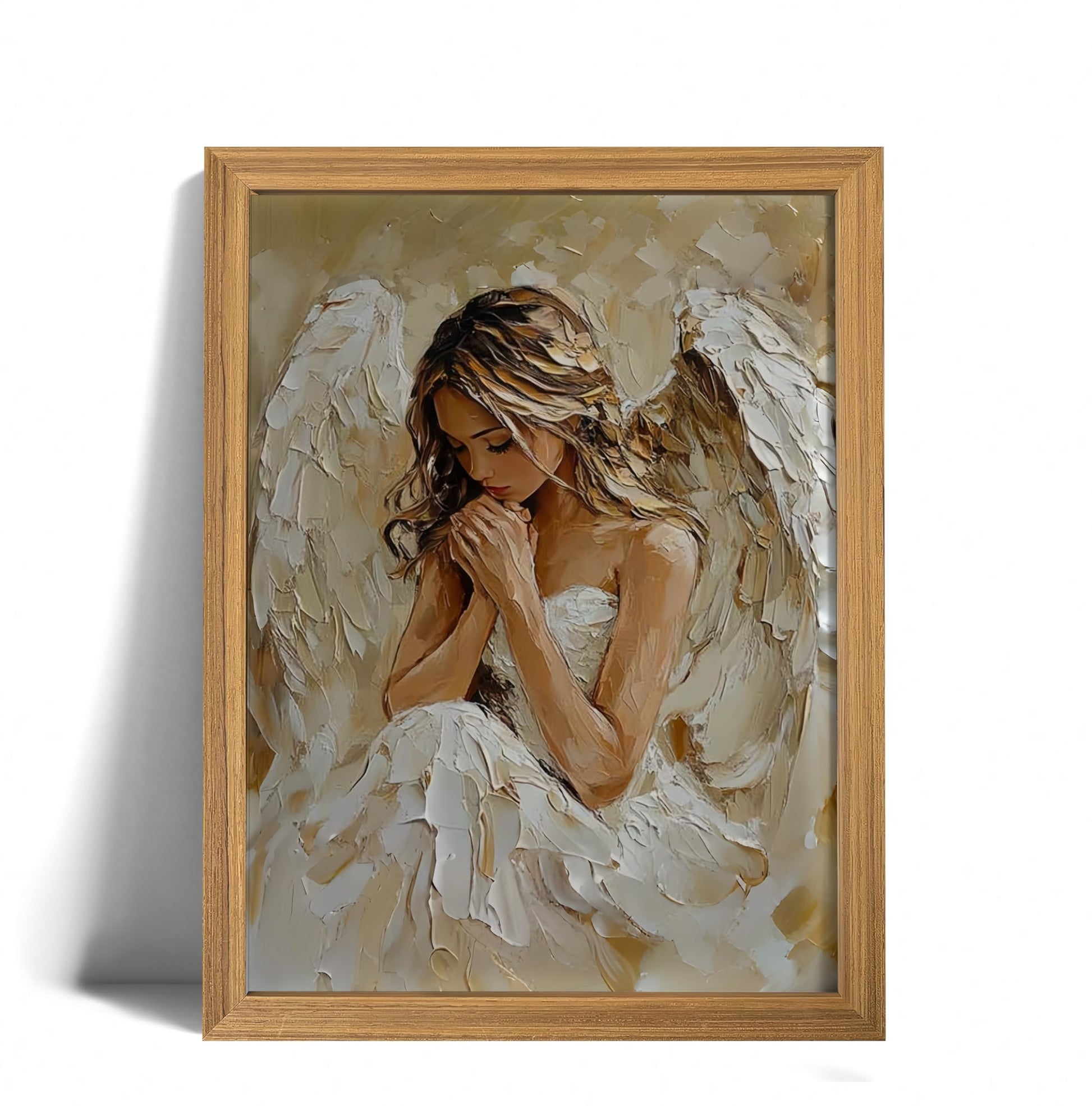 Praying Angel Wall Art – Spiritual Canvas Print, Colored Winged Angel Oil Painting Style Christian Religious Picture poster，Spiritual Blue and Pastel Tones Wall Decor for Bedroom, Prayer Room, Christian Gift, Wood Frame 12x16in