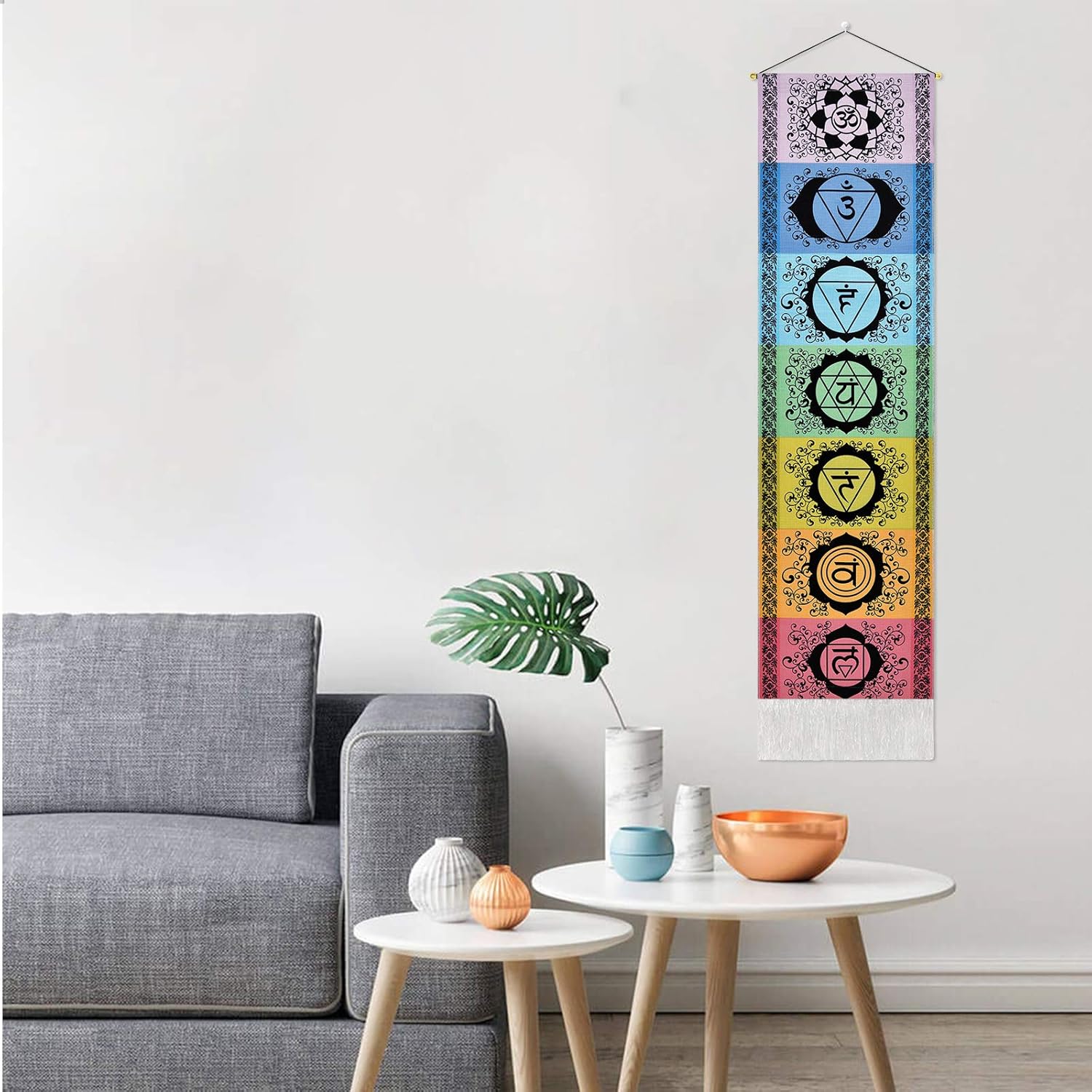 Yugarlibi Chakra Wandbehang, Meditation Yoga Wandteppich Bunt, Psychedelic Trippy Wandteppich mit Quaste, Mandala Tapisserie Wall Hangings für Schlafzimmer Wohnzimmer, Schwarz Chakra 130x32.5cm