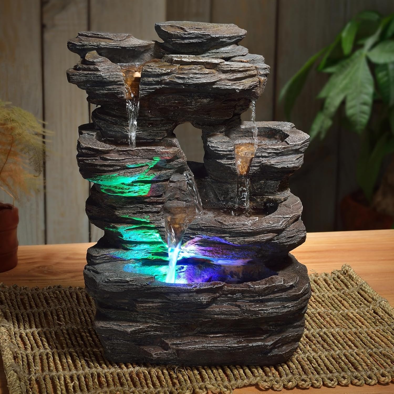 Zen’Light - Zimmerbrunnen Pietra - Steinoptik aus Kunstharz mit Bunten Lichteffekten - Moderne Zen Deko, Meditation & Entspannung - Glücksbringer - H35cm