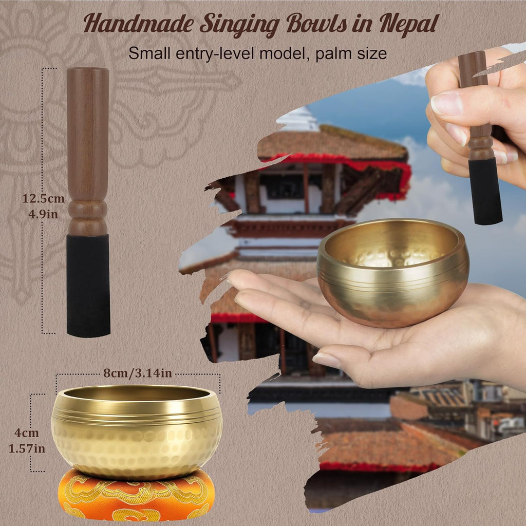 Traditionelle Klangschale 8cm mit 7 Chakra Kristallen, Handgefertigt in Nepal für Meditation und Yoga - Geschenkidee für Frauen und Männer