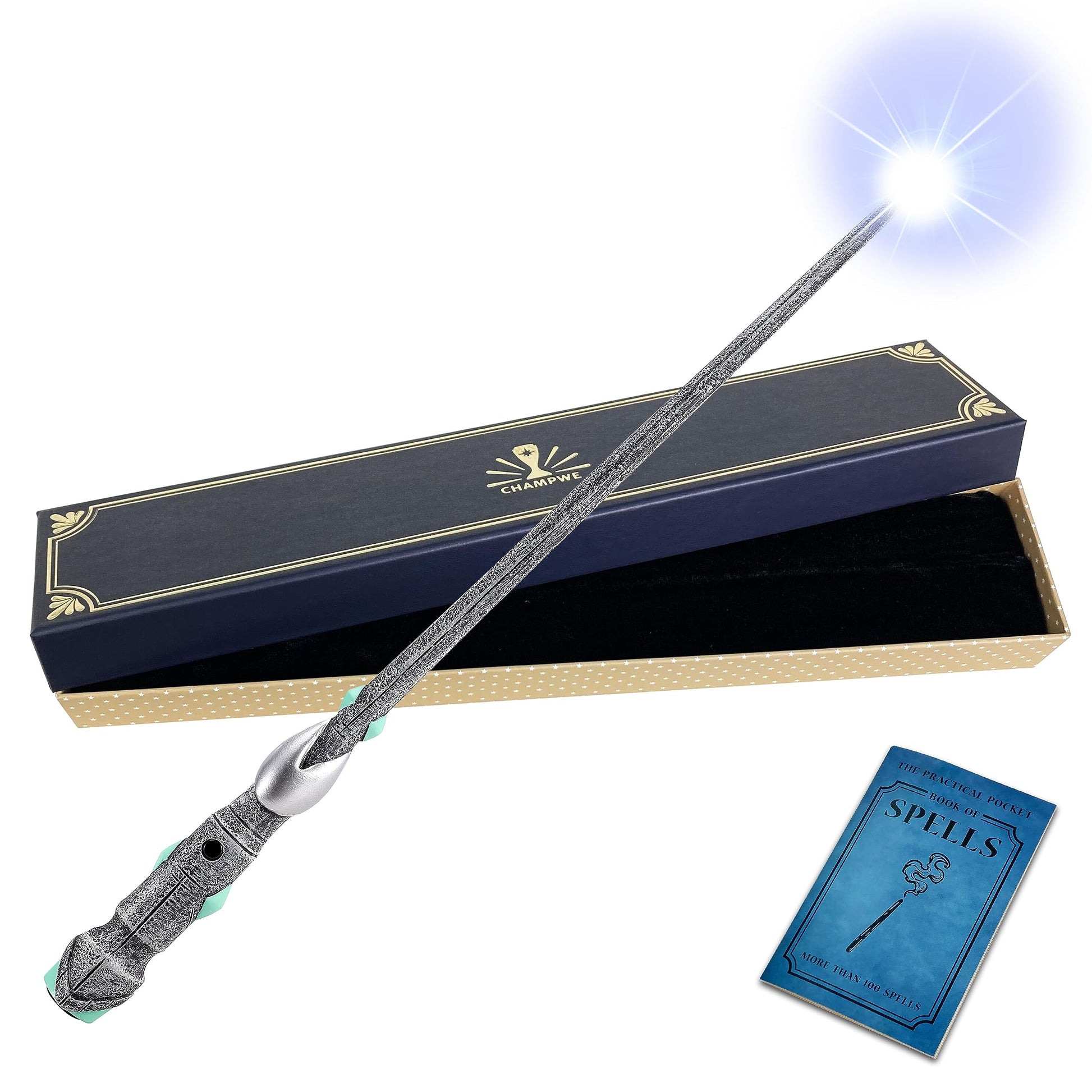ChampWe Light Up Magic Wizard Wand Rechargeable Illuminating Toy for Kids Witch Collection Cosplay Accessories with Spellbook and Gift Box (Ivy)