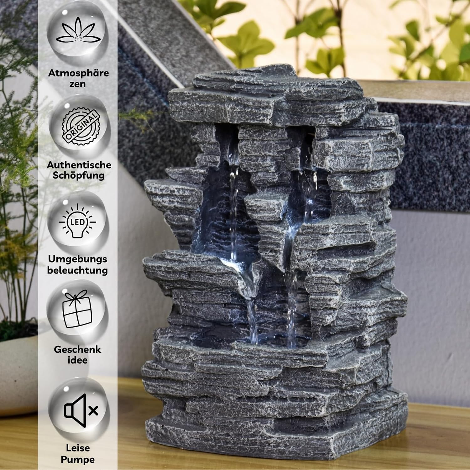 Zen'Light - Zimmerbrunnen Grand Canyon - Wasserfall in Steinoptik - Weiße LED-Beleuchtung - Moderne Zen Deko, Ideal für Meditation & Entspannung - Feng Shui - H 28cm, Grau