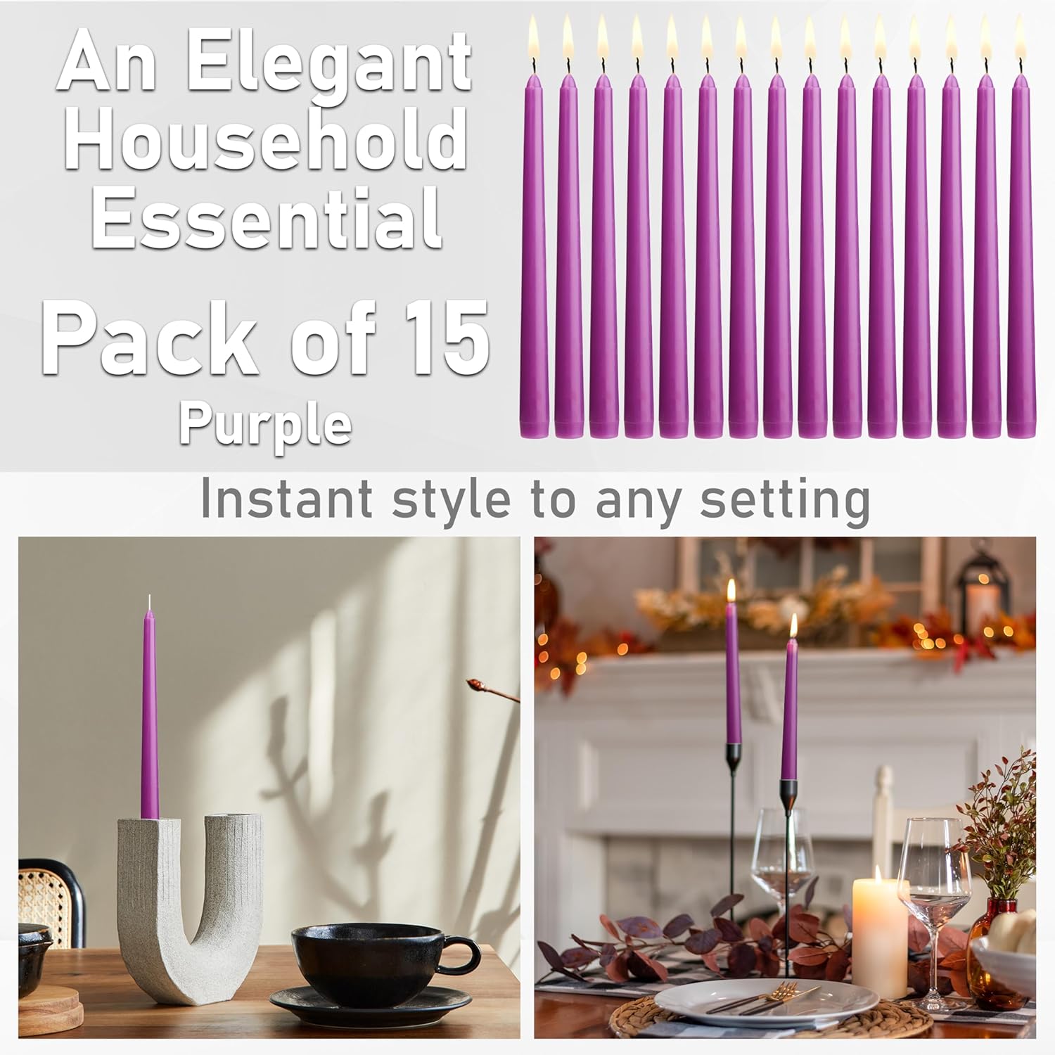 DECO EXPRESS Taper Candles Set of 6, 10, 15 or 50, Long Burning Time up to 8 Hours, Odourless (Purple, Set of 15)