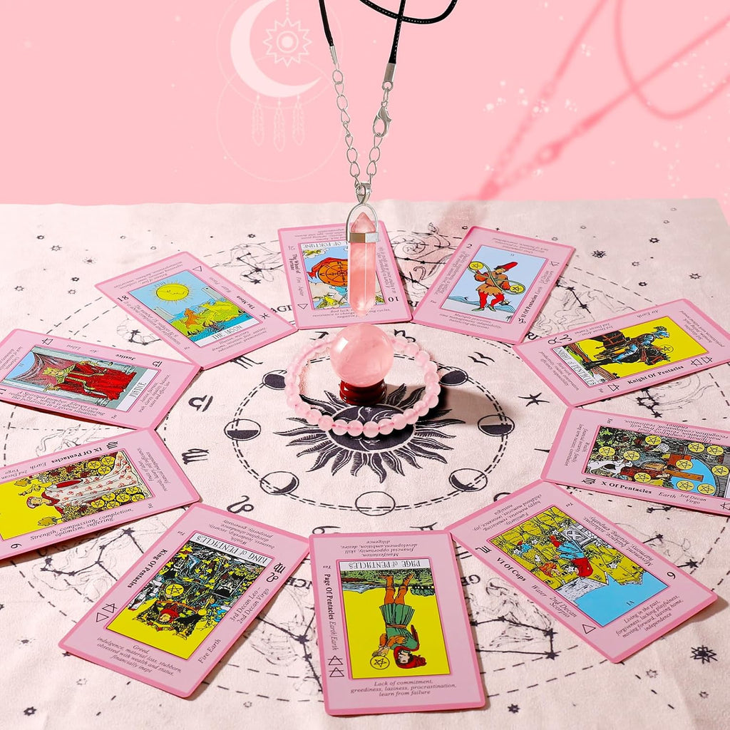 Myripoly Pink Tarot Cards Deck Set for Beginners-Classic Tarot Cards with Meanings on Them-17PC Tarot Witchcraft Kit,-Crystal Ball Divination- Fei Shui Bracelet