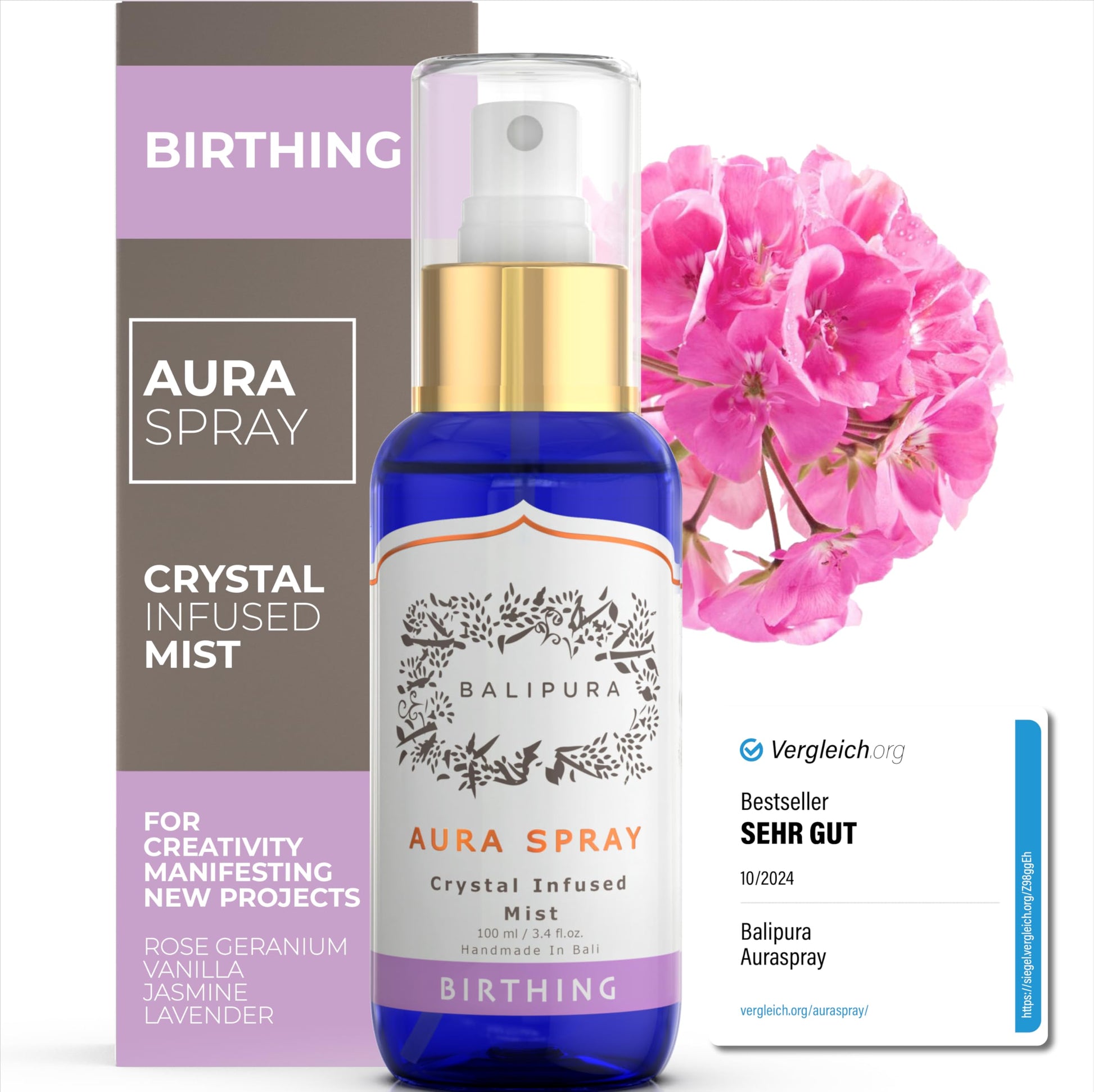 BALIPURA - Aura Healing Spray Mist - Enriched with Healing Crystals and Organic Essential Oils - Gift Set with Canvas Bag 4 x 30ml