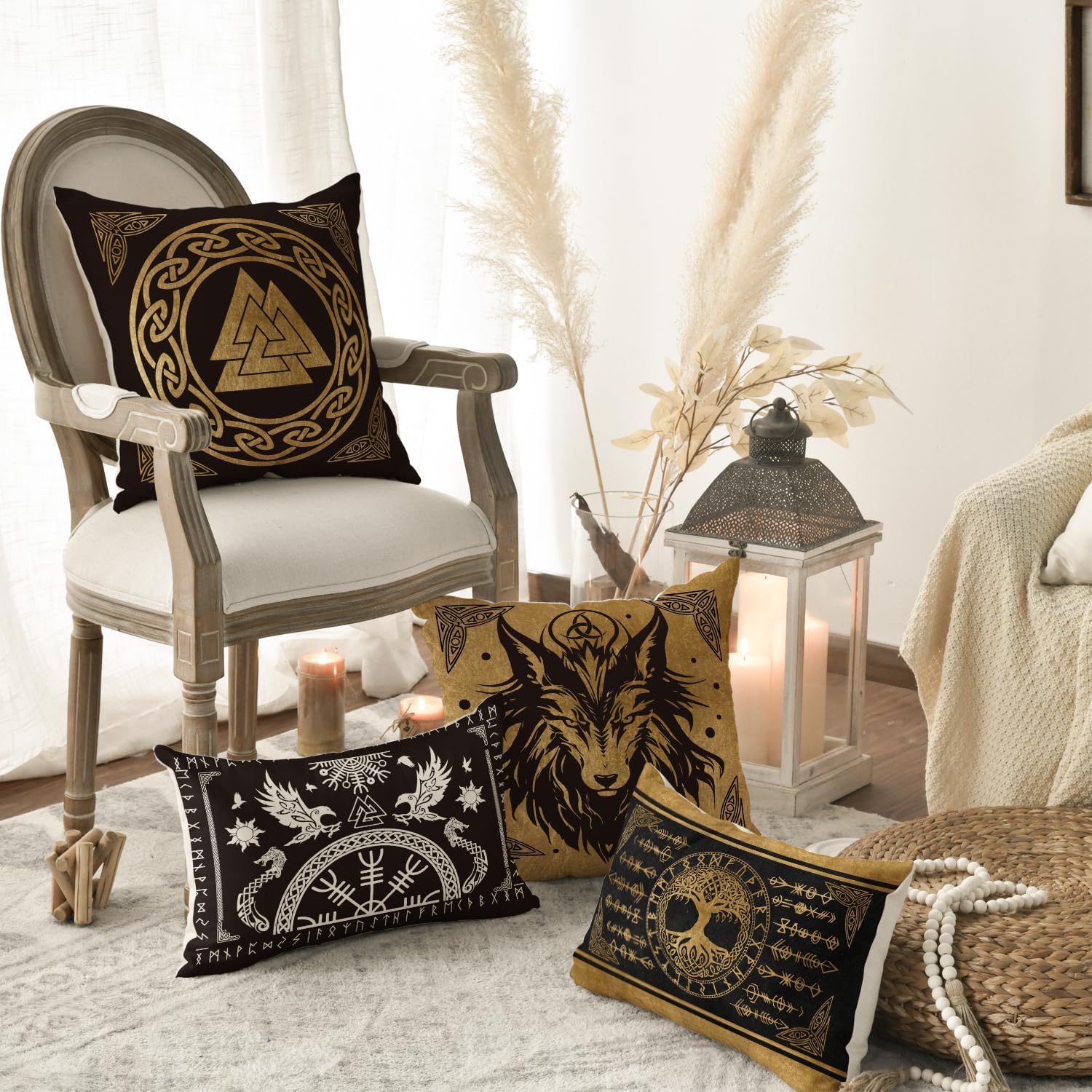 Artoid Mode Gold Wikinger Futhark Runen Odin Baum des Lebens Kissenbezüge 4er Set, 40x40cm Wolf Rabe Cushion Cover Couch Wohnzimmer Deko