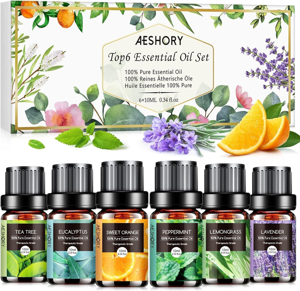 AESHORY Essential Oils Set for Diffuser 6 x 10 ml, 100% Natural Aromatherapy Fragrance Oil, Aroma Oil Gift Set for Soap, Candles, Humidifier, Spa - Lavender, Mint, Tea Tree, Sweet Orange, Eucalyptus