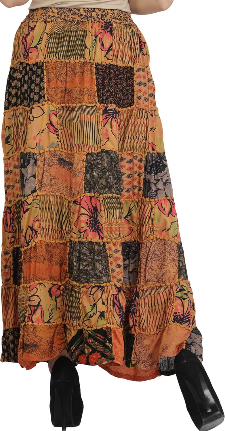 Exotic India Long Printed Dori Skirt from Gujarat with Patch Work - Rayon